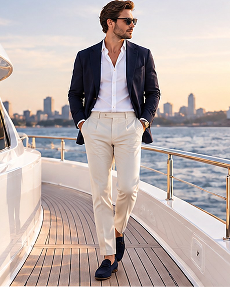 Intelligent casual for men: navy blazer, open-collar white shirt, cream tailored trousers and navy loafers, on the deck of a yacht on Sydney Harbour