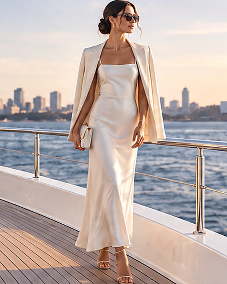 Intelligent casual for women: ivory slip dress with a draped cream blazer, clutch and strappy heels, on the deck of a yacht on Sydney Harbour