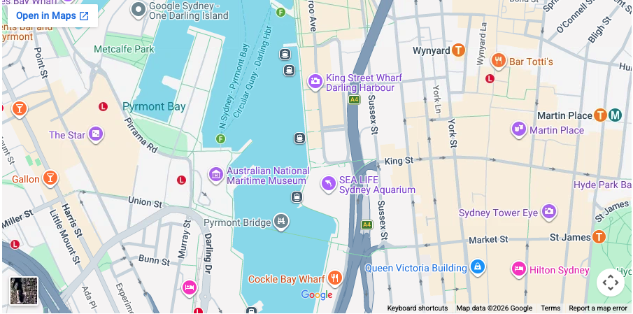 Map of Darling Harbour showing King Street Wharf
